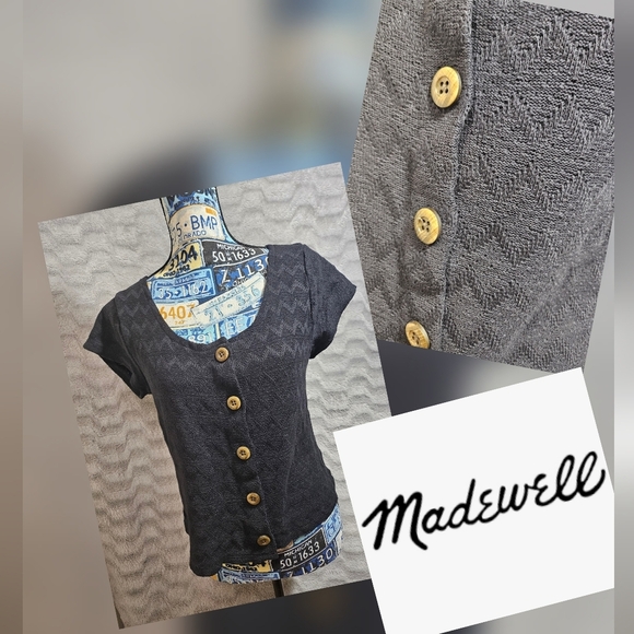 Madewell Short Sleeve Chevron Knit Black Button Up Blouse Large Medium - Picture 2 of 9